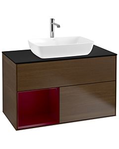 Villeroy und Boch Finion Waschtischunterschrank G772HBGN 100cm, Abdeckplatte black matt, Emotion, Regale Peony matt lacquer, Walnut veneer
