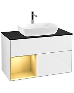 Villeroy und Boch Finion Waschtischunterschrank G772HFGF 100cm, Abdeckplatte black matt, Emotion, Regale Gold matt lacquer, Glossy white lacquer
