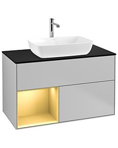 Villeroy und Boch Finion Waschtischunterschrank G772HFGJ 100cm, Abdeckplatte black matt, Emotion, Regale Gold matt lacquer, Light grey matt