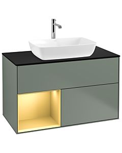 Villeroy und Boch Finion Waschtischunterschrank G772HFGM 100cm, Abdeckplatte black matt, Emotion, Regale Gold matt lacquer, Olive Matt Lacquer