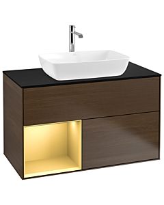 Villeroy und Boch Finion Waschtischunterschrank G772HFGN 100cm, Abdeckplatte black matt, Emotion, Regale Gold matt lacquer, Walnut veneer