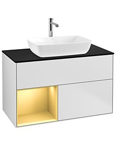 Villeroy und Boch Finion Waschtischunterschrank G772HFMT 100cm, Abdeckplatte black matt, Emotion, Regale Gold matt lacquer, White matt lacquer