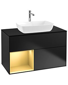 Villeroy und Boch Finion Waschtischunterschrank G772HFPD 100cm, Abdeckplatte black matt, Emotion, Regale Gold matt lacquer, Black matt lacquer