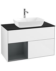 Villeroy und Boch Finion Waschtischunterschrank G772HGGF 100cm, Abdeckplatte black matt, Emotion, Regale Midnight matt lacquer, Glossy white lacquer