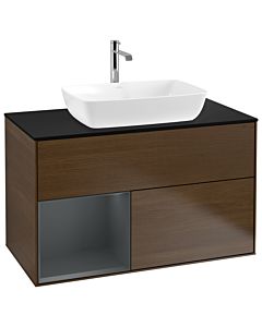 Villeroy und Boch Finion Waschtischunterschrank G772HGGN 100cm, Abdeckplatte black matt, Emotion, Regale Midnight matt lacquer, Walnut veneer