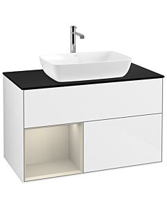 Villeroy und Boch Finion Villeroy und Boch G772HHGF 100cm, plaque de finition noir mat, Emotion, étagères laqué sable mat, laqué blanc brillant