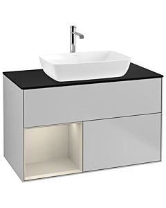 Villeroy und Boch Finion Waschtischunterschrank G772HHGJ 100cm, Abdeckplatte black matt, Emotion, Regale sand matt lacquer, Light grey matt