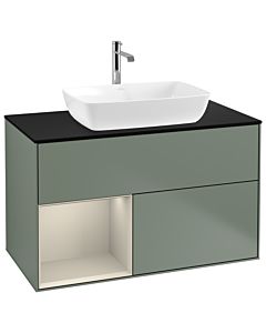 Villeroy und Boch Finion Villeroy und Boch G772HHGM 100cm, plaque de finition noir mat, Emotion, étagères laqué sable sable, Olive Matt Lacquer