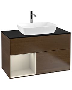 Villeroy und Boch Finion Waschtischunterschrank G772HHGN 100cm, Abdeckplatte black matt, Emotion, Regale sand matt lacquer, Walnut veneer
