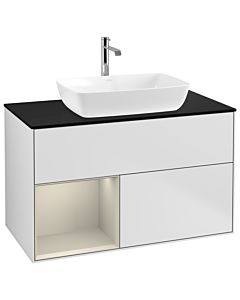 Villeroy und Boch Finion Waschtischunterschrank G772HHMT 100cm, Abdeckplatte black matt, Emotion, Regale sand matt lacquer, White matt lacquer