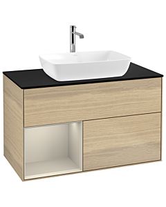 Villeroy und Boch Finion Waschtischunterschrank G772HHPC 100cm, Abdeckplatte black matt, Emotion, Regale sand matt lacquer, Oak Veneer