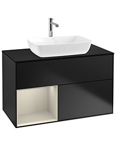 Villeroy und Boch Finion Waschtischunterschrank G772HHPD 100cm, Abdeckplatte black matt, Emotion, Regale sand matt lacquer, Black matt lacquer