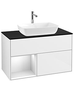 Villeroy und Boch Finion Villeroy und Boch G772MTGF 100cm, plaque de finition noir mat, Emotion, étagères laqué blanc mat, laqué blanc brillant