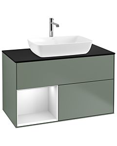 Villeroy und Boch Finion Villeroy und Boch G772MTGM 100cm, plaque de finition noir mat, Emotion, étagères laqué blanc mat, Olive Matt Lacquer