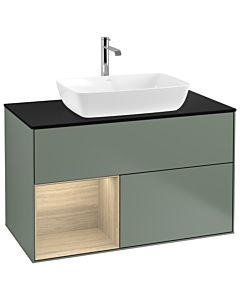 Villeroy und Boch Finion Waschtischunterschrank G772PCGM 100cm, Abdeckplatte black matt, Emotion, Regale Oak Veneer, Olive Matt Lacquer