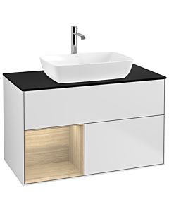 Villeroy und Boch Finion Waschtischunterschrank G772PCMT 100cm, Abdeckplatte black matt, Emotion, Regale Oak Veneer, White matt lacquer