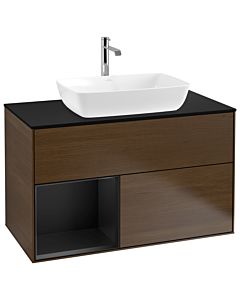 Villeroy und Boch Finion Waschtischunterschrank G772PDGN 100cm, Abdeckplatte black matt, Emotion, Regale Black matt lacquer, Walnut veneer
