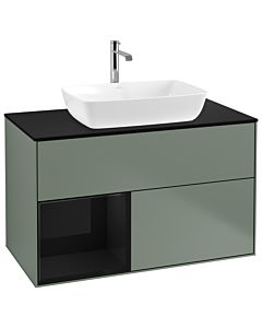 Villeroy und Boch Finion Villeroy und Boch G772PHGM 100cm, plaque de finition noire mate, Emotion, étagères laqué noir brillant, Olive Matt Lacquer