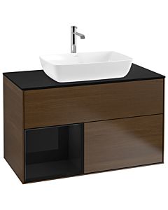 Villeroy und Boch Finion Waschtischunterschrank G772PHGN 100cm, Abdeckplatte black matt, Emotion, Regale Glossy black lacquer, Walnut veneer