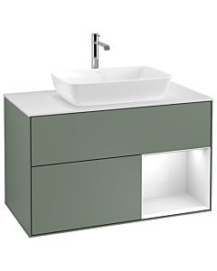 Villeroy und Boch Finion Waschtischunterschrank G781GFGM 100cm, Abdeckplatte white matt, Emotion, Regale Glossy white lacquer, Olive Matt Lacquer