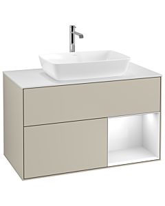 Villeroy und Boch Finion Villeroy und Boch G781GFHH 100cm, plaque de recouvrement blanc mat, emotion, étagères laqué blanc brillant, Sand Matt Lacquer