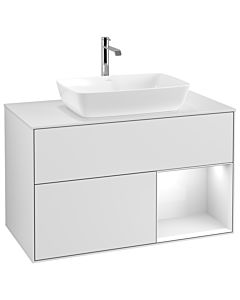 Villeroy und Boch Finion Villeroy und Boch G781GFMT 100cm, plaque de recouvrement blanc mat, Emotion, étagères laqué blanc brillant, laqué blanc mat