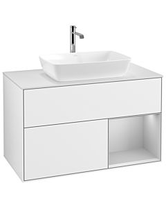 Villeroy und Boch Finion Villeroy und Boch G781GJGF 100cm, plaque de recouvrement blanc mat, Emotion, étagères laqué gris clair mat, laqué blanc brillant