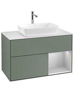 Villeroy und Boch Finion Waschtischunterschrank G781GJGM 100cm, Abdeckplatte white matt, Emotion, Regale Light grey matt lacquer, Olive Matt Lacquer