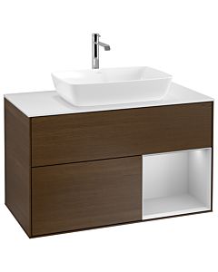 Villeroy und Boch Finion Waschtischunterschrank G781GJGN 100cm, Abdeckplatte white matt, Emotion, Regale Light grey matt lacquer, Walnut veneer