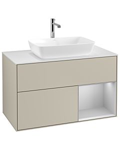 Villeroy und Boch Finion Waschtischunterschrank G781GJHH 100cm, Abdeckplatte white matt, Emotion, Regale Light grey matt lacquer, Sand Matt Lacquer