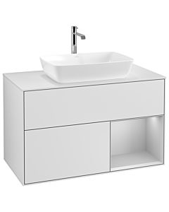 Villeroy und Boch Finion Waschtischunterschrank G781GJMT 100cm, Abdeckplatte white matt, Emotion, Regale Light grey matt lacquer, White matt lacquer