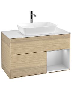 Villeroy und Boch Finion Waschtischunterschrank G781GJPC 100cm, Abdeckplatte white matt, Emotion, Regale Light grey matt lacquer, Oak Veneer