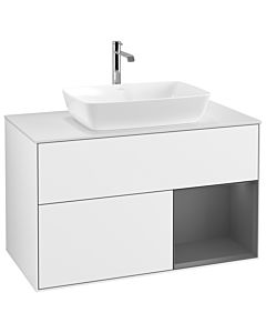 Villeroy und Boch Finion Waschtischunterschrank G781GKGF 100cm, Abdeckplatte white matt, Emotion, Regale Anthracite matt lacquer, Glossy white lacquer