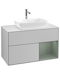 Villeroy und Boch Finion Waschtischunterschrank G781GMGJ 100cm, Abdeckplatte white matt, Emotion, Regale Olive matt lacquer, Light grey matt