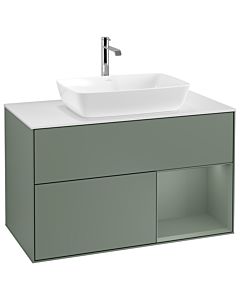 Villeroy und Boch Finion Villeroy und Boch G781GMGM 100cm, plaque de finition blanc mat, Emotion, étagères olive laqué mat, Olive Matt Lacquer