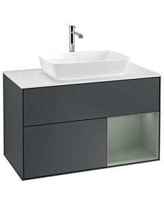 Villeroy und Boch Finion Waschtischunterschrank G781GMHG 100cm, Abdeckplatte white matt, Emotion, Regale Olive matt lacquer, Midnight Blue Matt Lacquer