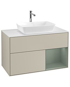 Villeroy und Boch Finion Villeroy und Boch G781GMHH 100cm, plaque de recouvrement blanc mat, Emotion, étagères laqué olive mat, Sand Matt Lacquer