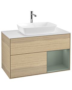 Villeroy und Boch Finion Waschtischunterschrank G781GMPC 100cm, Abdeckplatte white matt, Emotion, Regale Olive matt lacquer, Oak Veneer