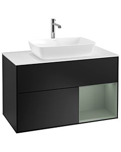 Villeroy und Boch Finion Waschtischunterschrank G781GMPD 100cm, Abdeckplatte white matt, Emotion, Regale Olive matt lacquer, Black matt lacquer