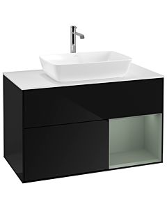 Villeroy und Boch Finion Villeroy und Boch G781GMPH 100cm, plaque de finition blanc mat, Emotion, étagères olive laqué mat, Glossy Black Lacquer