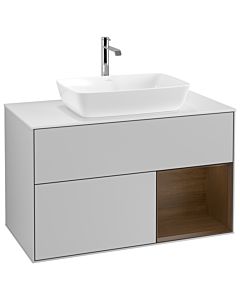 Villeroy und Boch Finion Waschtischunterschrank G781GNGJ 100cm, Abdeckplatte white matt, Emotion, Regale Walnut Veneer, Light grey matt