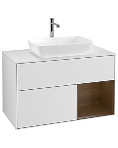 Villeroy und Boch Finion Waschtischunterschrank G781GNMT 100cm, Abdeckplatte white matt, Emotion, Regale Walnut Veneer, White matt lacquer