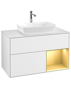 Villeroy und Boch Finion Villeroy und Boch G781HFGF 100cm, plaque de recouvrement blanc mat, Emotion, étagères laqué or mat, laqué blanc brillant