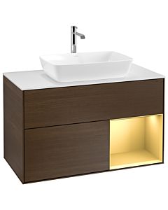 Villeroy und Boch Finion Waschtischunterschrank G781HFGN 100cm, Abdeckplatte white matt, Emotion, Regale Gold matt lacquer, Walnut veneer