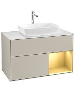 Villeroy und Boch Finion Waschtischunterschrank G781HFHH 100cm, Abdeckplatte white matt, Emotion, Regale Gold matt lacquer, Sand Matt Lacquer