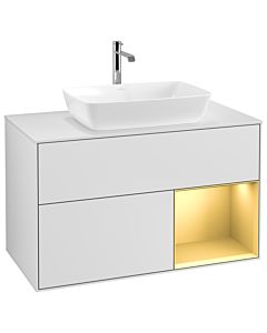 Villeroy und Boch Finion Waschtischunterschrank G781HFMT 100cm, Abdeckplatte white matt, Emotion, Regale Gold matt lacquer, White matt lacquer
