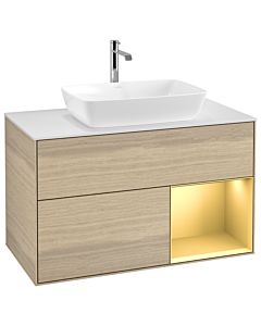 Villeroy und Boch Finion Villeroy und Boch G781HFPC 100cm, plaque de recouvrement blanc mat, Emotion, étagères laqué or mat, Oak Veneer