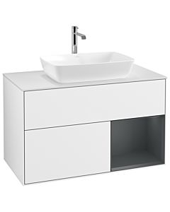 Villeroy und Boch Finion Waschtischunterschrank G781HGGF 100cm, Abdeckplatte white matt, Emotion, Regale Midnight matt lacquer, Glossy white lacquer