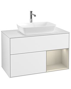 Villeroy und Boch Finion Villeroy und Boch G781HHGF 100cm, plaque de recouvrement blanc mat, Emotion, étagères laqué sable mat, laqué blanc brillant