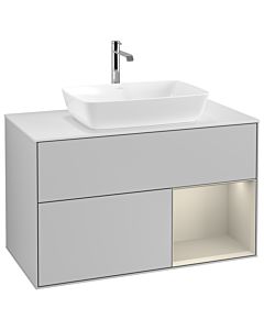 Villeroy und Boch Finion Villeroy und Boch G781HHGJ 100cm, plaque de recouvrement blanc mat, Emotion, étagères laqué sable sable, gris clair mat